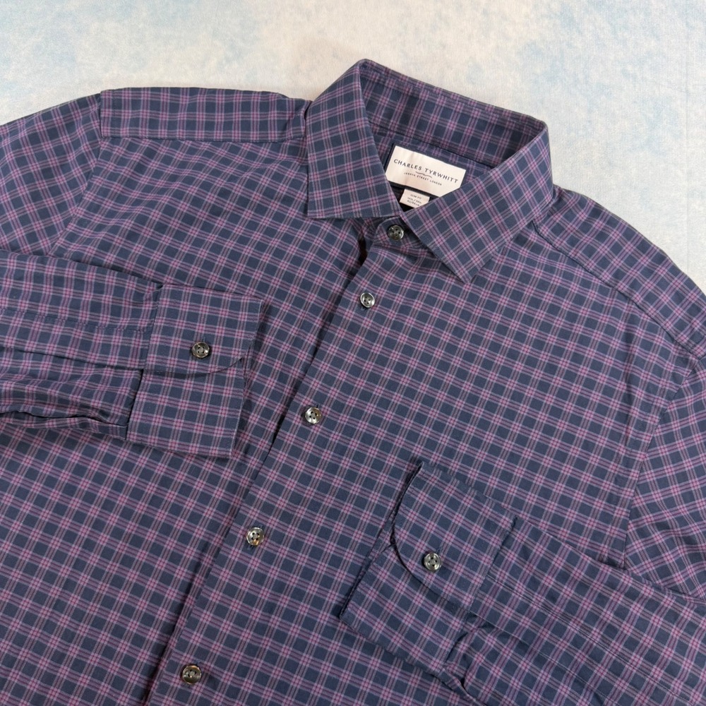 Charles Tyrwhitt Button Down Mens 16.5/34 Navy Purple Plaid Excellent Slim Fit